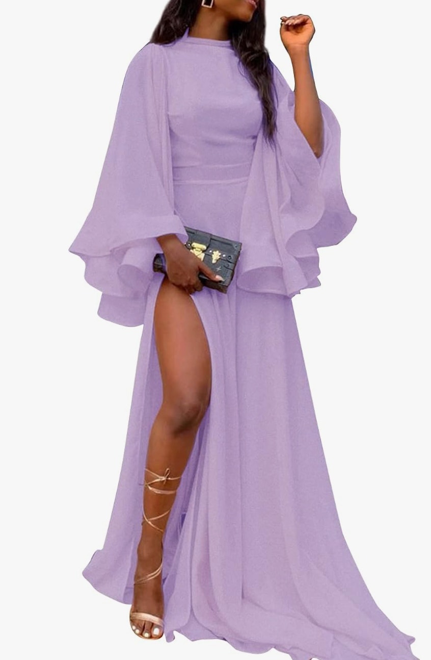 Cololura Lavender Chiffon Gown Size Large Bell Sleeve Split Formal Mother Bride